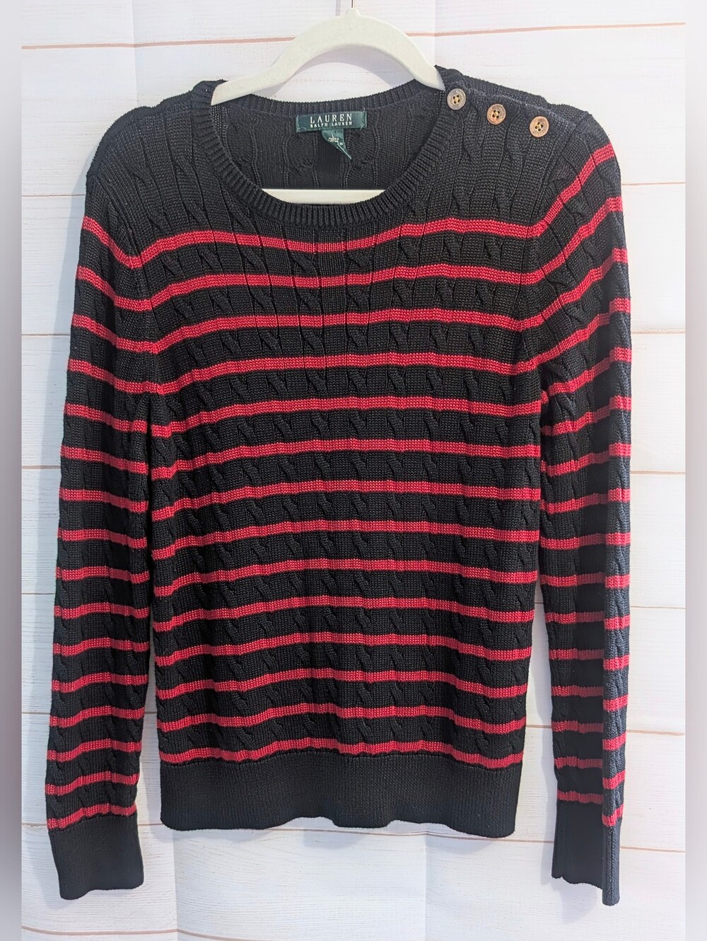 Vintage Lauren Ralph Lauren Black Sweater with Red Stripes Size Large
